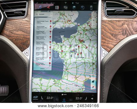 Urmond, Netherlands - May 31, 2018: Dashboard. Large Display With Infographics. Tesla Moles S 100d. 