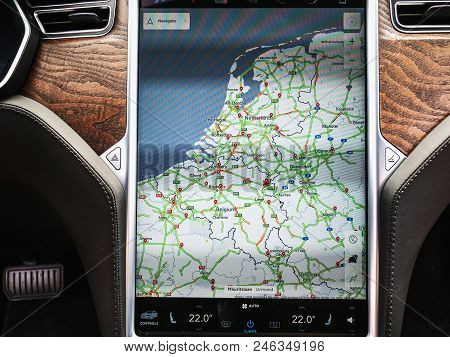 Urmond, Netherlands - May 31, 2018: Dashboard. Large Display With Infographics. Tesla Moles S 100d. 