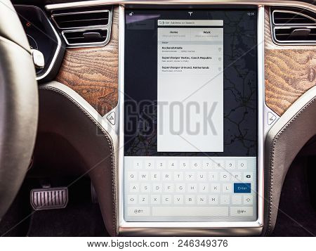 Urmond, Netherlands - May 31, 2018: Dashboard. Large Display With Infographics. Tesla Moles S 100d. 