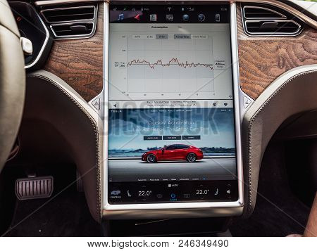 Urmond, Netherlands - May 31, 2018: Dashboard. Large Display With Infographics. Tesla Moles S 100d. 