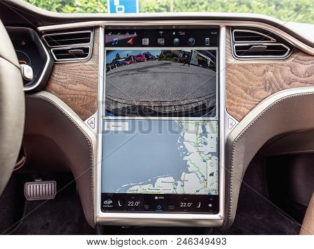 Urmond, Netherlands - May 31, 2018: Dashboard. Large Display With Infographics. Tesla Moles S 100d. 