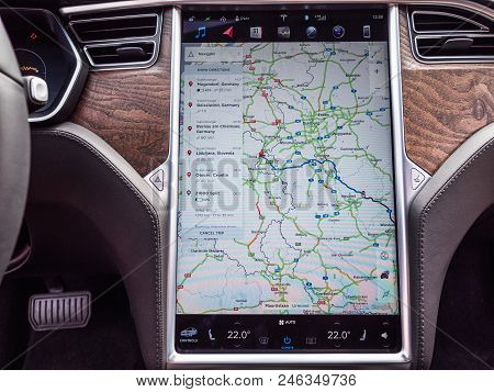 Urmond, Netherlands - May 31, 2018: Dashboard. Large Display With Infographics. Tesla Moles S 100d. 