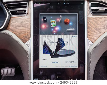 Urmond, Netherlands - May 31, 2018: Dashboard. Large Display With Infographics. Tesla Moles S 100d. 