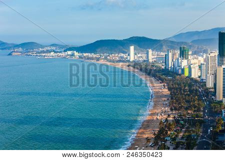 Nha Trang City Skyline Aerial Panoramic View At Sunset In South Vietnam