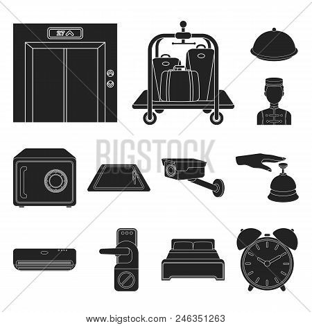 Hotel And Equipment Black Icons In Set Collection For Design. Hotel And Comfort Vector Symbol Stock 