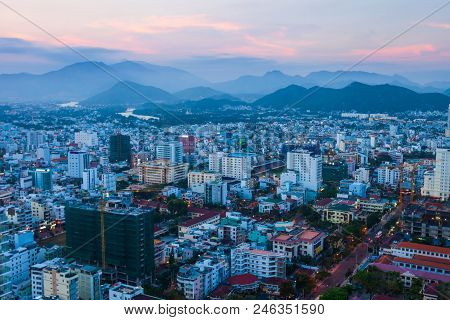 Nha Trang City Skyline Aerial Panoramic View At Sunset In South Vietnam