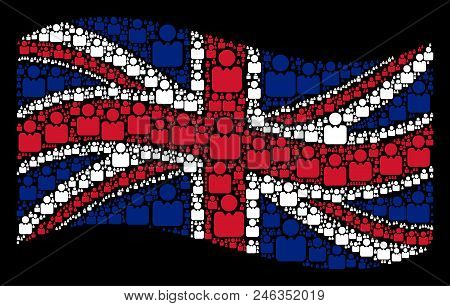 Waving English State Flag On A Black Background. Vector Person Icons Are Organized Into Geometric En