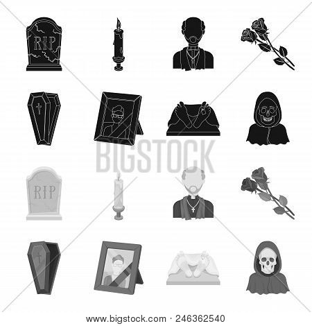 Coffin With A Lid And A Cross, A Photograph Of The Deceased With A Mourning Ribbon, A Corpse On The 