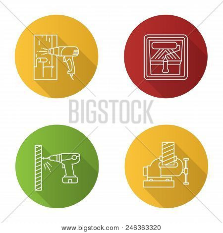 Construction Tools Flat Linear Long Shadow Icons Set. Hot Air Gun, Paint Roller In Tray, Electric Sc