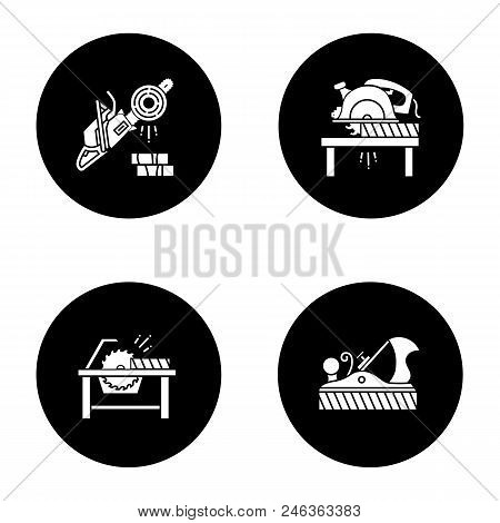Construction Tools Glyph Icons Set. Carpentry. Chainsaw, Circular Saws, Jack Plane. Vector White Sil
