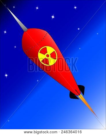 A Retro Cartoon Comic Look Rocket Ship With Radiation Sign