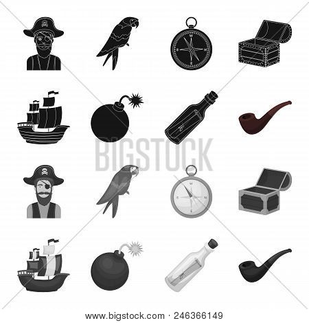Pirate, Bandit, Ship, Sail .pirates Set Collection Icons In Black, Monochrome Style Vector Symbol St