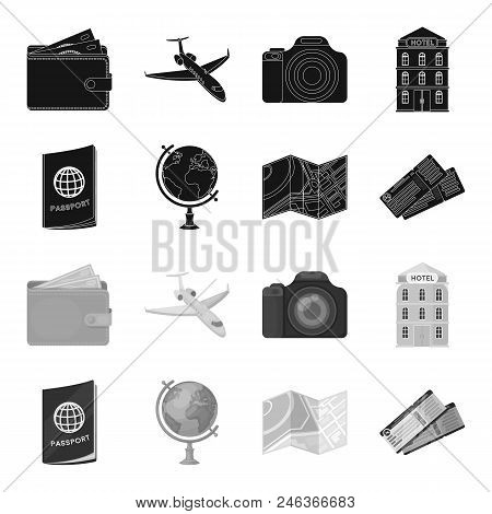 Vacation, Travel, Passport, Globe .rest And Travel Set Collection Icons In Black, Monochrome Style V