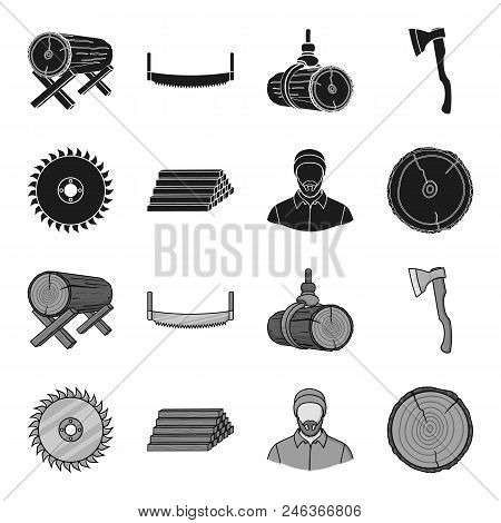 Circular Saw, A Working Carpenter, A Stack Of Logs. A Sawmill And Timber Set Collection Icons In Bla