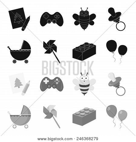 Stroller, Windmill, Lego, Balloons.toys Set Collection Icons In Black, Monochrome Style Vector Symbo