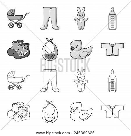 Socks, Bib, Toy Duck, Raspashonka.baby Born Set Collection Icons In Outline, Monochrome Style Vector