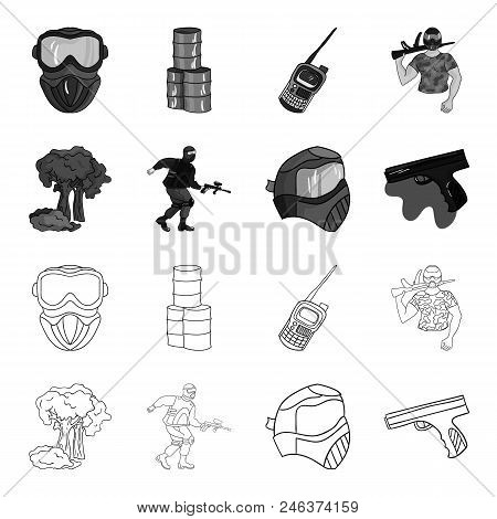 Mask, Gun, Paint, Inventory .paintball Set Collection Icons In Outline, Monochrome Style Vector Symb