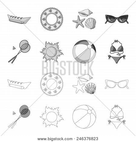 A Game Of Badminton, A Ball And The Sun.summer Vacation Set Collection Icons In Outline, Monochrome 