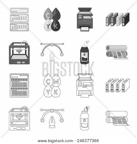 3d Printer, Newspaper Printer, Ink, Pen. Typography Set Collection Icons In Outline, Monochrome Styl