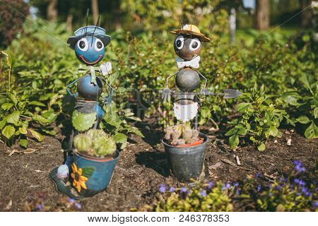 Two Decorative Garden Funny Cute Sweet Ants In Hat, Bow Tie With Shovel In Flower Pot With Cactus De