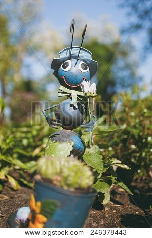 One Decorative Garden Funny Cute Sweet Ant In Hat, Bow Tie With Shovel In Flower Pot With Cactus Dec