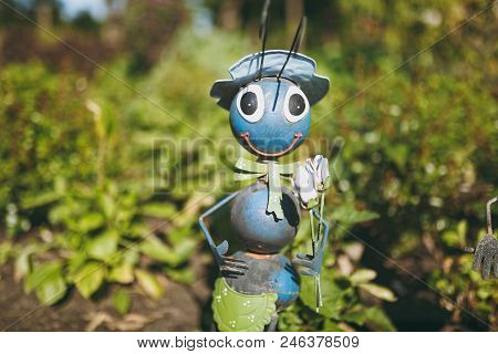 One Decorative Garden Funny Cute Sweet Ant In Hat, Bow Tie With Shovel In Flower Pot With Cactus Dec