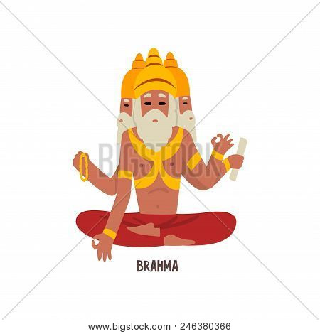 Brahma Indian God Cartoon Character Vector Illustration Isolated On A White Background.