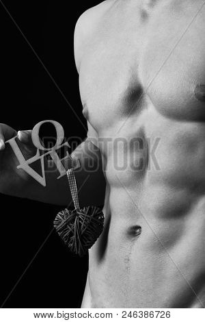 Sports, Decoration And Valentines Day Concept. Male With Naked Torso Isolated On Black Background. G