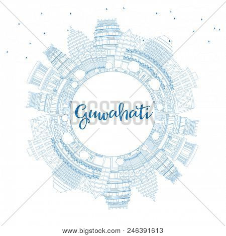 Outline Guwahati India City Skyline with Blue Buildings and Copy Space. Business Travel and Tourism Concept with Historic Architecture. Guwahati Cityscape with Landmarks.