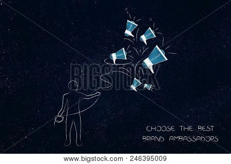Social Media Marketing Conceptual Illustration: Man With Lasso Collecting Influencer Megaphones Choo