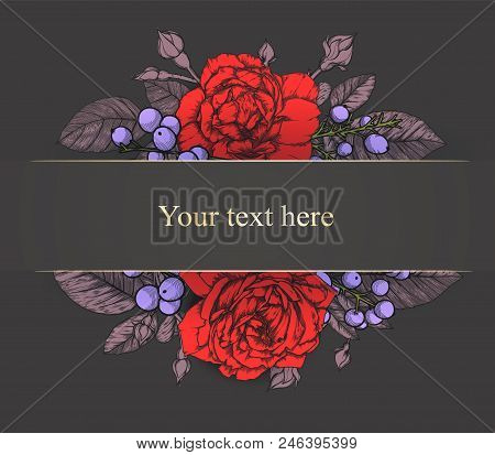 Vintage Background, Antique, Victorian Hand Drawn Rose, Baroque Frame, Beautiful Old Paper, Card, Or