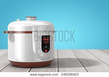 Modern Electric Multi Cooker On A Wooden Table. 3d Rendering