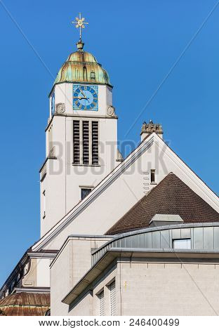 Tower Of The St. Agatha Church In The Town Of Dietikon In The Swiss Canton Of Zurich.