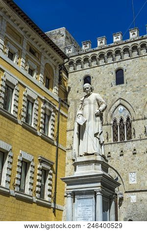 Monument Of Sallustio Bandini From 1882 At Square Salimbeni In Siena, Italy