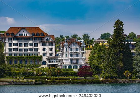 View At Town Weggis On Lucerne Lake In Switzerland
