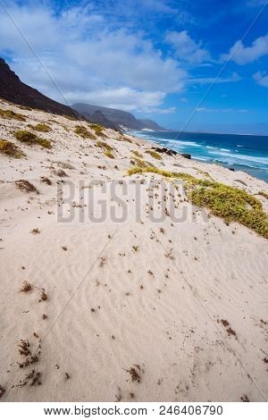 Sandy Dunes With Some Desert Plants In Stunning Desolate Landscape Of Atlantic Coastline. Baia Das G