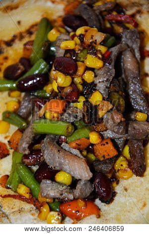 Cooking Traditional Shawarma Wrap With Chicken And Vegetables.grilled Vegetables For Tortilla. Shawa