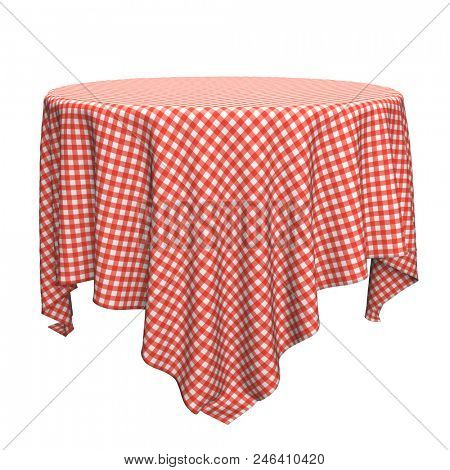 White and red round table cloth isolated on white background. 3D rendering.