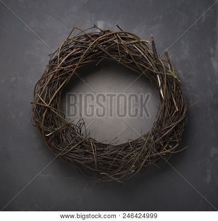 Red Easter Background. Easter Willow Wreath On Red Background. Top View, Copy Space, Toned.