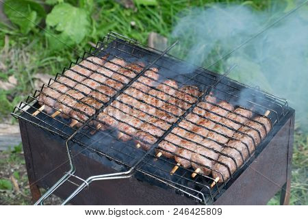 Lulya Kebab From Meat Are Prepared In The Grill.