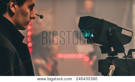 Behind Scene. Multiple Camera. Cameraman Shooting Film Scene With Camera