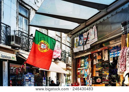 Lisbon, Portugal.- February 11, 2018: Old Town Lisbon. street view of typical houses in Lisbon, Portugal, Europe