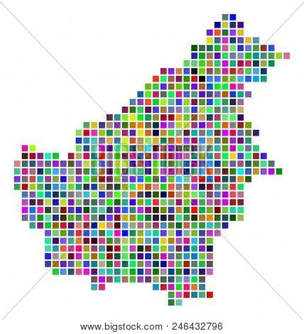 Multi Colored Dot Borneo Island Map. Vector Pattern Of Borneo Island Map Designed Of Square Dots. Ve