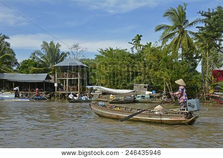 Phong Dien, Vietnam - December 31st 2017. A Boat On The River At The Phong Dien Floating Market Near