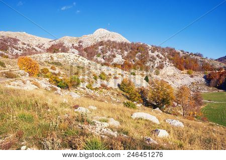 Beautiful Autumn Mountain Landscape. Montenegro, View Of Lovcen National Park With Stirovnik Peak