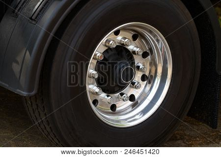 Chromed Truck Wheel Closeup. Heavy Duty Truck Wheel