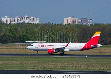 Berlin Germany - April 21. 2018: Iberia Express Airbus A320 Plane Landing At Berlin Tegel Airport