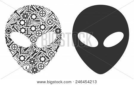 Alien Face Collage Of Service Tools. Vector Alien Face Icon Is Done From Gear Wheels, Wrenches And O