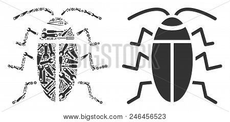 Cucaracha Collage Of Service Tools. Vector Cucaracha Icon Is Created Of Cogs, Hammers And Other Serv