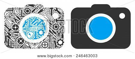 Photo Camera Collage Of Service Tools. Vector Photo Camera Icon Is Organized Of Gear Wheels, Screwdr